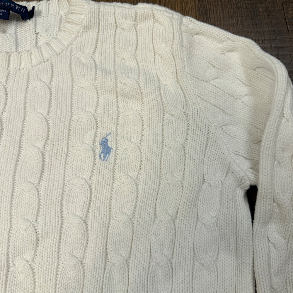 Vintage Polo Ralph Lauren Women's M Cable Knit Sweater Cream Ivory Cotton Preppy - Picture 10 of 10